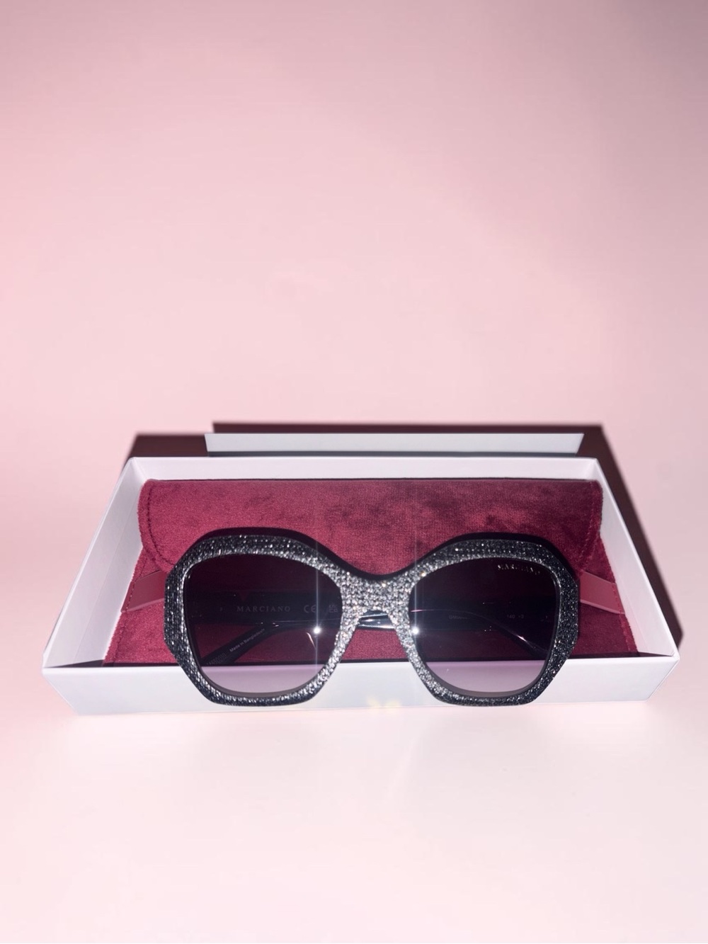 Guess by Marciano Black Glitter Oversized Square Sunglasses with Burgundy Case